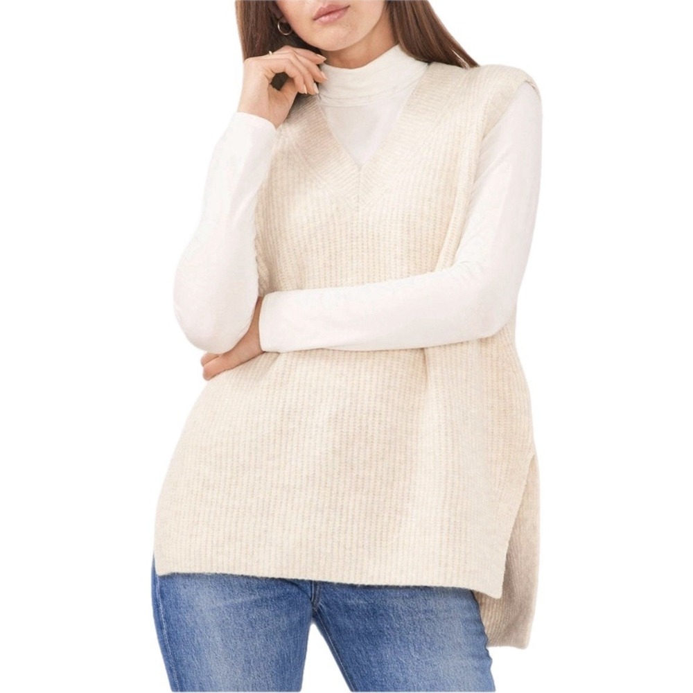 Vince Camuto Sweater Vest V-Neck Ribbed Knit Oatmeal Beige Oversized Medium